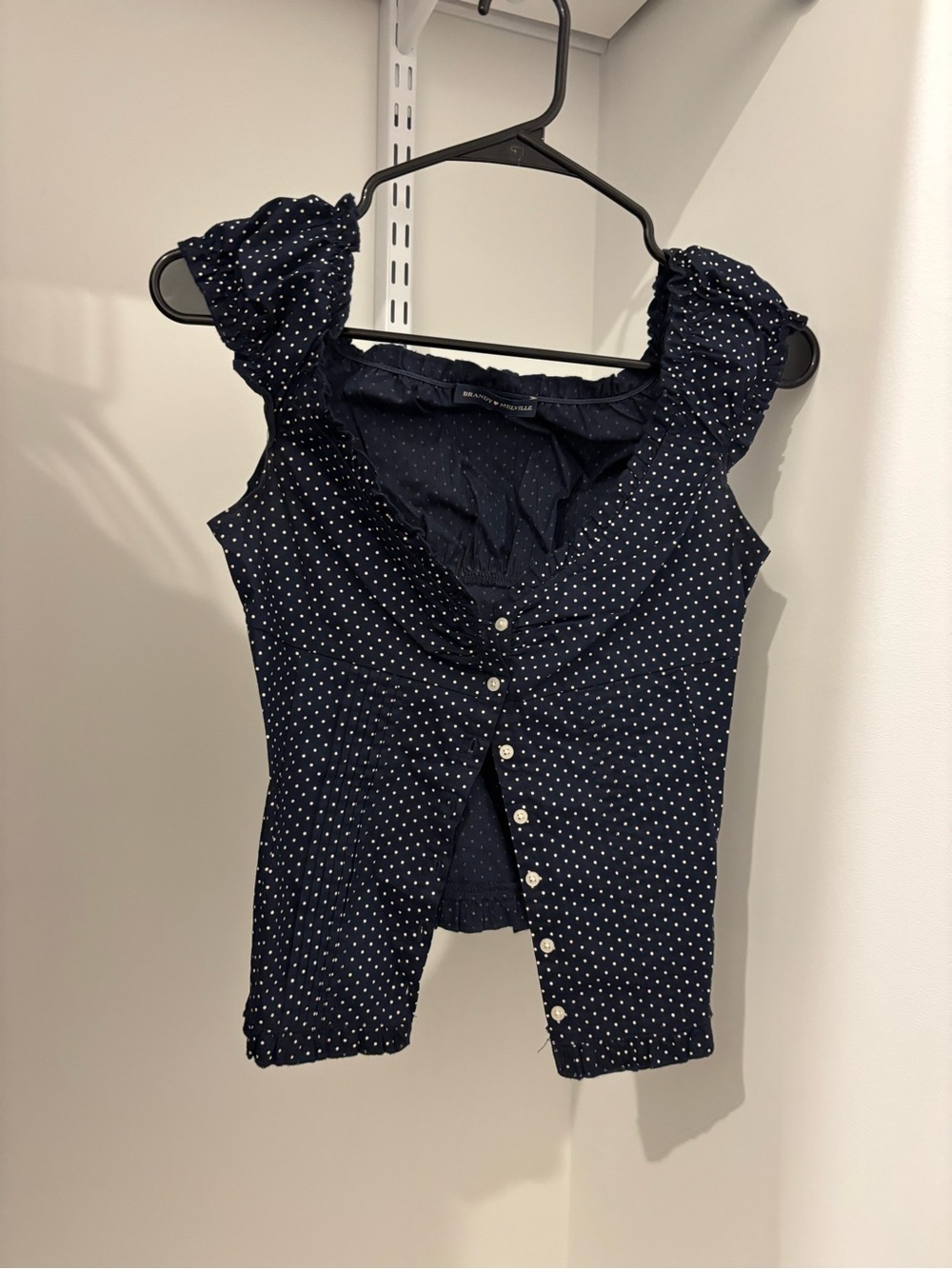 Navy Polka Dot Button-Front Ruffle Sleeve Top
